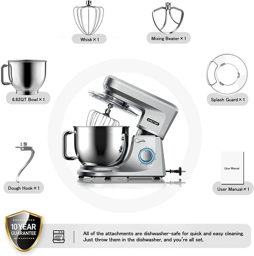 Robot Pâtissier CHeflee 1800W Robot Pétrin Professionnel Faible Bruit Robot de Cuisine Multifonction avec Fouet, Batteur, Crochet, Bol d'Acier Inoxydable, 6 Vitesses, 7.2 Litres