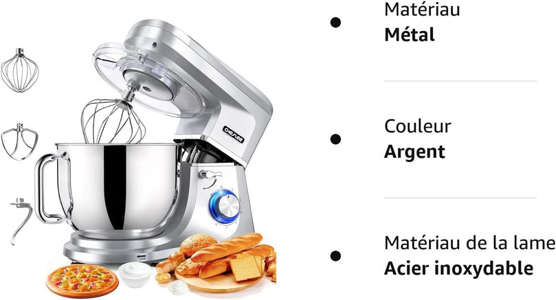 Robot Pâtissier CHeflee 1800W Robot Pétrin Professionnel Faible Bruit Robot de Cuisine Multifonction avec Fouet, Batteur, Crochet, Bol d'Acier Inoxydable, 6 Vitesses, 7.2 Litres