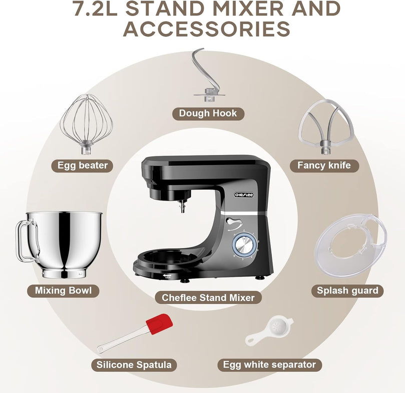 Robot Pâtissier CHeflee 1800W Robot Pétrin Professionnel Faible Bruit Robot de Cuisine Multifonction avec Fouet, Batteur, Crochet, Bol d'Acier Inoxydable, 6 Vitesses, 7.2 Litres