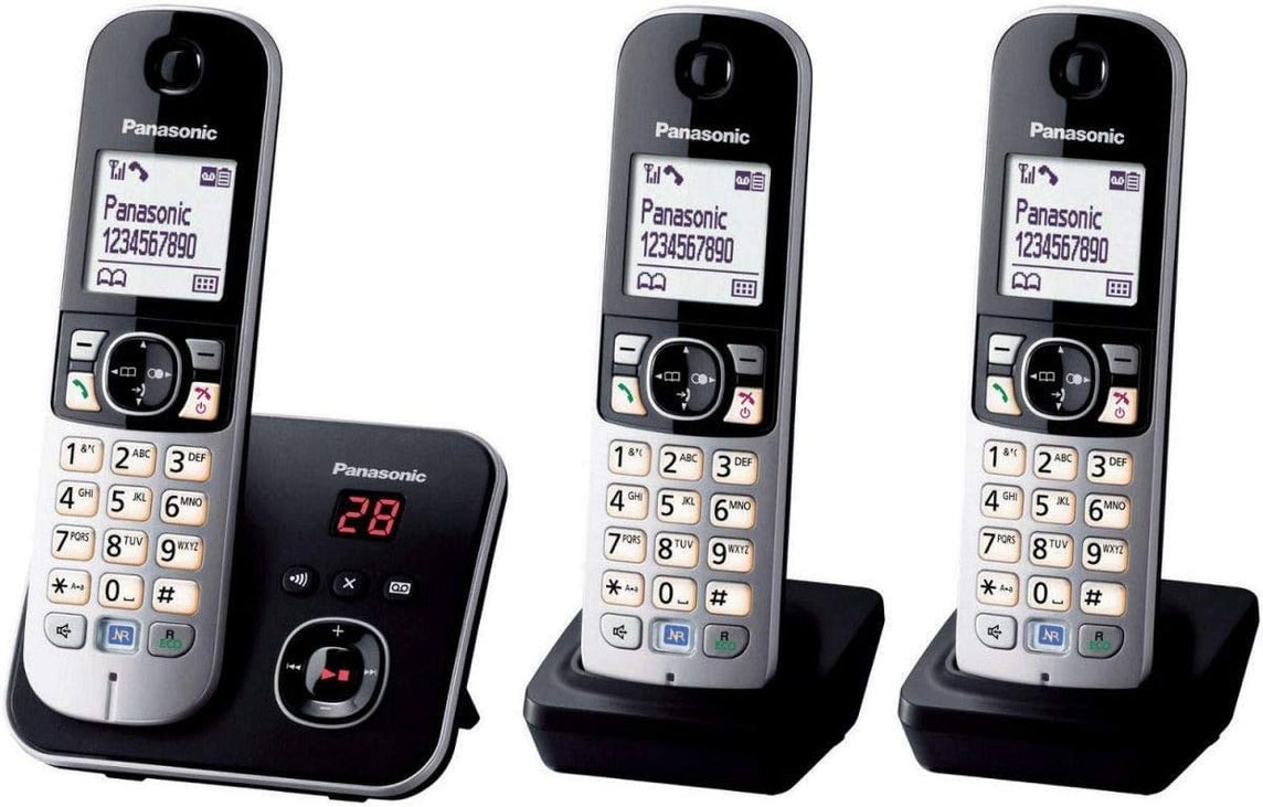 Panasonic KX-TG6823FRB DECT Téléphone Numérique Sans Fil Répondeur Numérique, Base et 3 Combinés, Haut-Parleur Mains Libres, Identification de l'Appelant, Bocage des Appels Indésirables, LCD, Noir