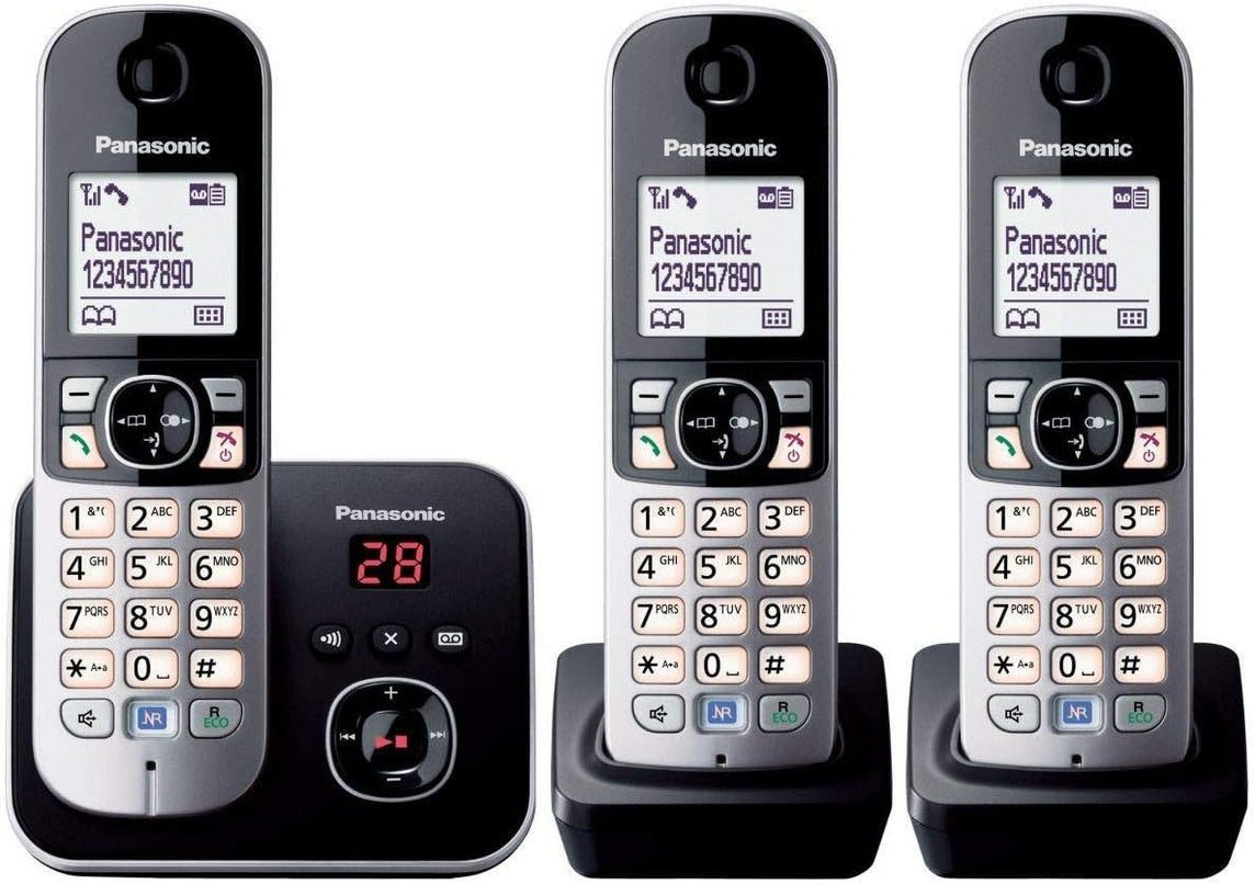 Panasonic KX-TG6823FRB DECT Téléphone Numérique Sans Fil Répondeur Numérique, Base et 3 Combinés, Haut-Parleur Mains Libres, Identification de l'Appelant, Bocage des Appels Indésirables, LCD, Noir
