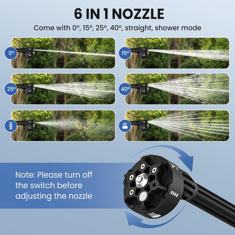 Nettoyeur Haute Pression sans Fil, 60Bar Nettoyeur Haute Pression, Batterie Rechargeable 20000 mAh, Plage Pulvérisation 6-10M, Buse 6 en 1, Tuyau 5M, Convient pour Lavage de Voiture, Cour, Jardin
