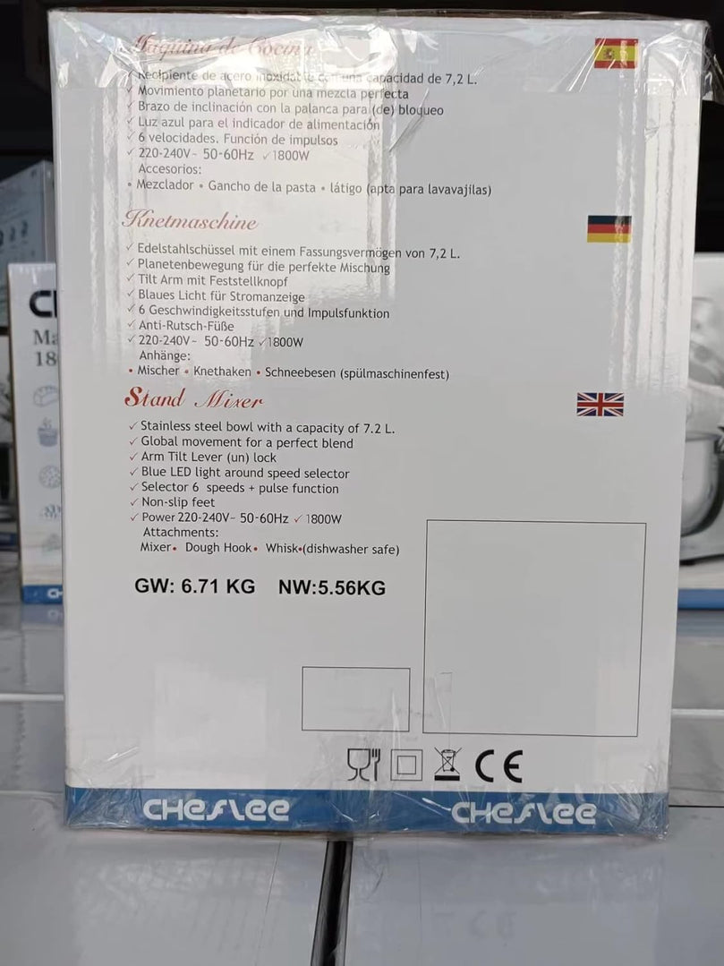 Robot Pâtissier CHeflee 1800W Robot Pétrin Professionnel Faible Bruit Robot de Cuisine Multifonction avec Fouet, Batteur, Crochet, Bol d'Acier Inoxydable, 6 Vitesses, 7.2 Litres