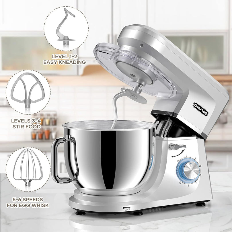 Robot Pâtissier CHeflee 1800W Robot Pétrin Professionnel Faible Bruit Robot de Cuisine Multifonction avec Fouet, Batteur, Crochet, Bol d'Acier Inoxydable, 6 Vitesses, 7.2 Litres