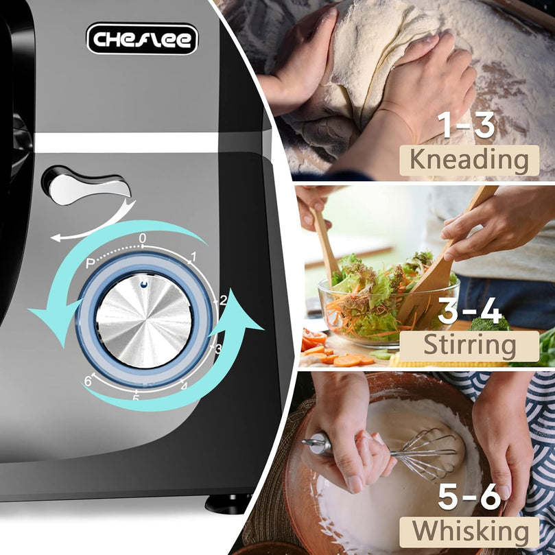 Robot Pâtissier CHeflee 1800W Robot Pétrin Professionnel Faible Bruit Robot de Cuisine Multifonction avec Fouet, Batteur, Crochet, Bol d'Acier Inoxydable, 6 Vitesses, 7.2 Litres