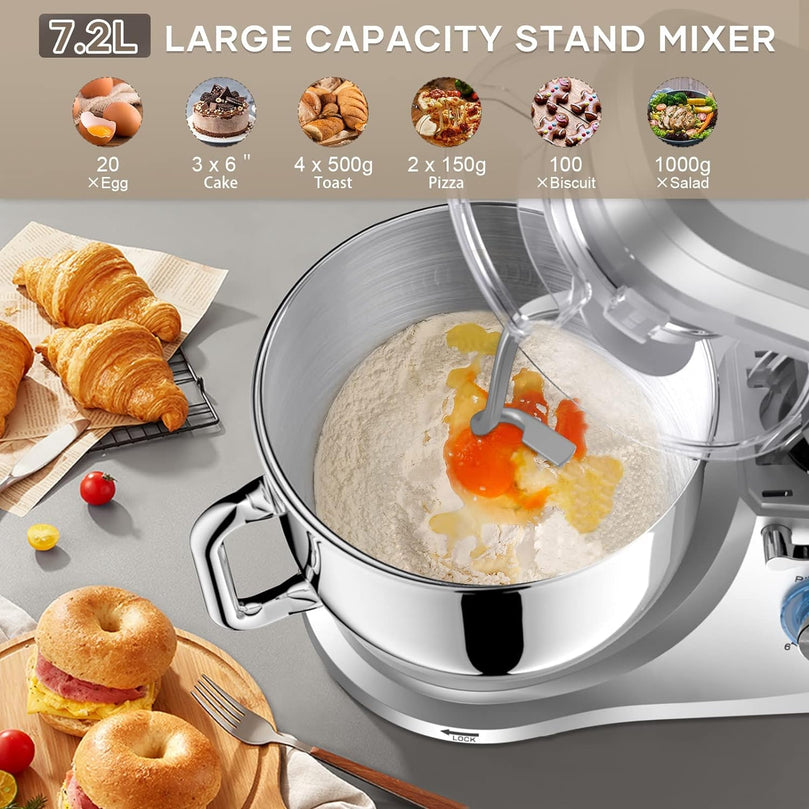 Robot Pâtissier CHeflee 1800W Robot Pétrin Professionnel Faible Bruit Robot de Cuisine Multifonction avec Fouet, Batteur, Crochet, Bol d'Acier Inoxydable, 6 Vitesses, 7.2 Litres