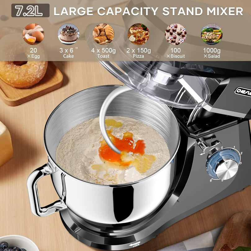 Robot Pâtissier CHeflee 1800W Robot Pétrin Professionnel Faible Bruit Robot de Cuisine Multifonction avec Fouet, Batteur, Crochet, Bol d'Acier Inoxydable, 6 Vitesses, 7.2 Litres