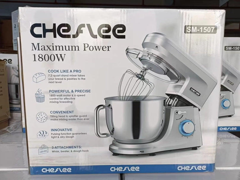 Robot Pâtissier CHeflee 1800W Robot Pétrin Professionnel Faible Bruit Robot de Cuisine Multifonction avec Fouet, Batteur, Crochet, Bol d'Acier Inoxydable, 6 Vitesses, 7.2 Litres