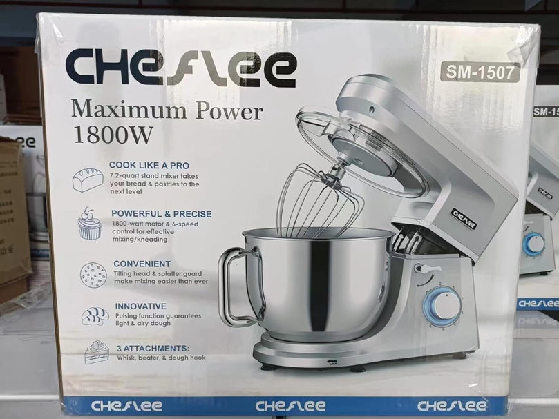 Robot Pâtissier CHeflee 1800W Robot Pétrin Professionnel Faible Bruit Robot de Cuisine Multifonction avec Fouet, Batteur, Crochet, Bol d'Acier Inoxydable, 6 Vitesses, 7.2 Litres