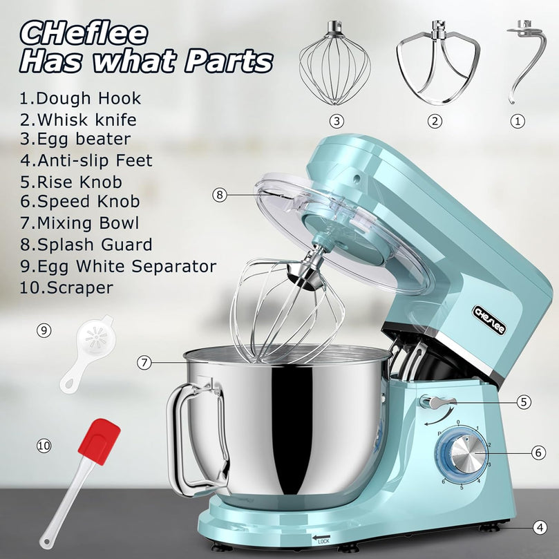 Robot Pâtissier CHeflee 1800W Robot Pétrin Professionnel Faible Bruit Robot de Cuisine Multifonction avec Fouet, Batteur, Crochet, Bol d'Acier Inoxydable, 6 Vitesses, 7.2 Litres