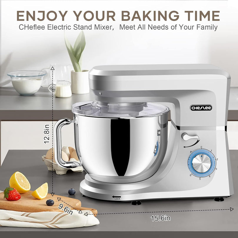 Robot Pâtissier CHeflee 1800W Robot Pétrin Professionnel Faible Bruit Robot de Cuisine Multifonction avec Fouet, Batteur, Crochet, Bol d'Acier Inoxydable, 6 Vitesses, 7.2 Litres