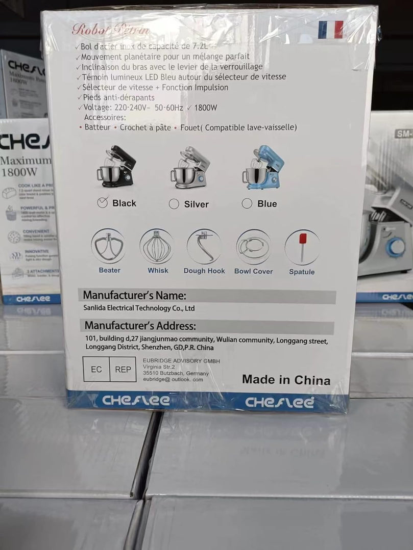 Robot Pâtissier CHeflee 1800W Robot Pétrin Professionnel Faible Bruit Robot de Cuisine Multifonction avec Fouet, Batteur, Crochet, Bol d'Acier Inoxydable, 6 Vitesses, 7.2 Litres
