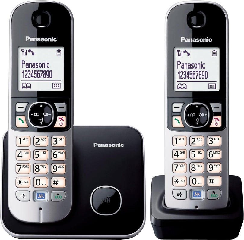 Panasonic KX-TG6822FRB DECT Téléphone Sans Fil Répondeur Numérique, Base et 2 Combinés, Haut-Parleur Mains Libres, Identification de l'Appelant, Blocage des Appels Indésirables, LCD, Noir