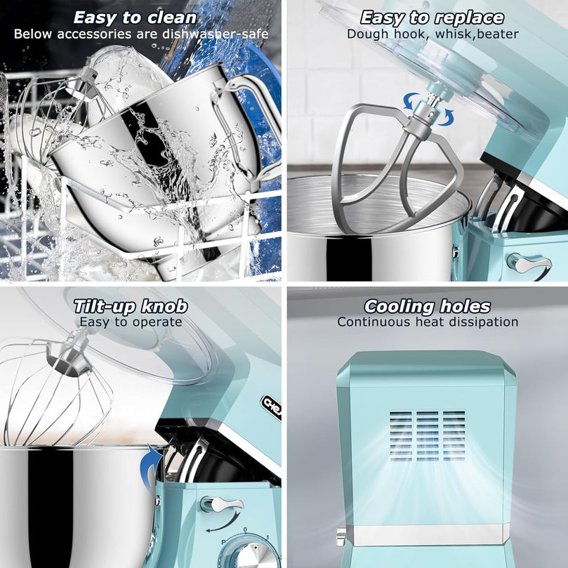 Robot Pâtissier CHeflee 1800W Robot Pétrin Professionnel Faible Bruit Robot de Cuisine Multifonction avec Fouet, Batteur, Crochet, Bol d'Acier Inoxydable, 6 Vitesses, 7.2 Litres