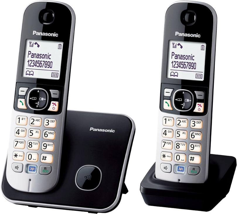 Panasonic KX-TG6822FRB DECT Téléphone Sans Fil Répondeur Numérique, Base et 2 Combinés, Haut-Parleur Mains Libres, Identification de l'Appelant, Blocage des Appels Indésirables, LCD, Noir