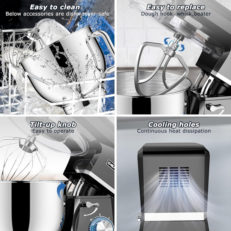 Robot Pâtissier CHeflee 1800W Robot Pétrin Professionnel Faible Bruit Robot de Cuisine Multifonction avec Fouet, Batteur, Crochet, Bol d'Acier Inoxydable, 6 Vitesses, 7.2 Litres