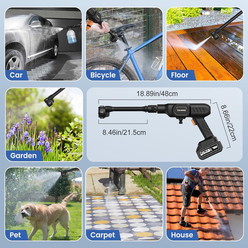 Nettoyeur Haute Pression sans Fil, 60Bar Nettoyeur Haute Pression, Batterie Rechargeable 20000 mAh, Plage Pulvérisation 6-10M, Buse 6 en 1, Tuyau 5M, Convient pour Lavage de Voiture, Cour, Jardin