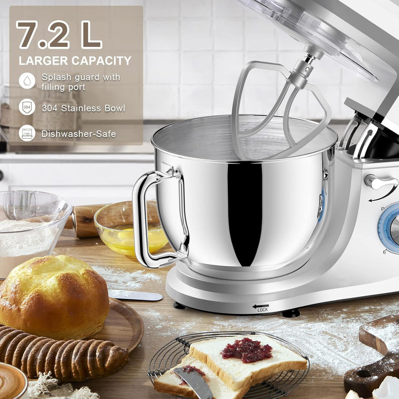 Robot Pâtissier CHeflee 1800W Robot Pétrin Professionnel Faible Bruit Robot de Cuisine Multifonction avec Fouet, Batteur, Crochet, Bol d'Acier Inoxydable, 6 Vitesses, 7.2 Litres