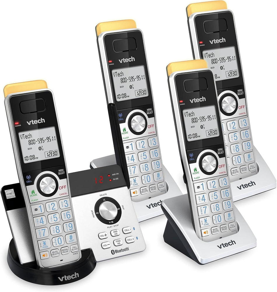 VTech IS8121-4 Téléphone sans fil DECT 6.0 Bluetooth 4 combinés très longue portée jusqu'à 700 mètres pour la maison avec répondeur, blocage d'appel, connexion à la cellule, interphone et extensible à 5 combinés