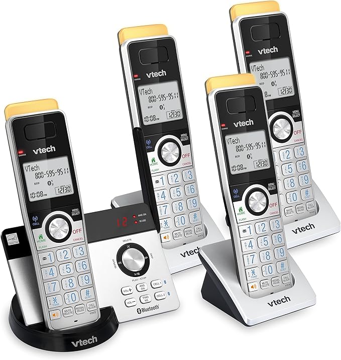 VTech IS8121-4 Téléphone sans fil DECT 6.0 Bluetooth 4 combinés très longue portée jusqu'à 700 mètres pour la maison avec répondeur, blocage d'appel, connexion à la cellule, interphone et extensible à 5 combinés