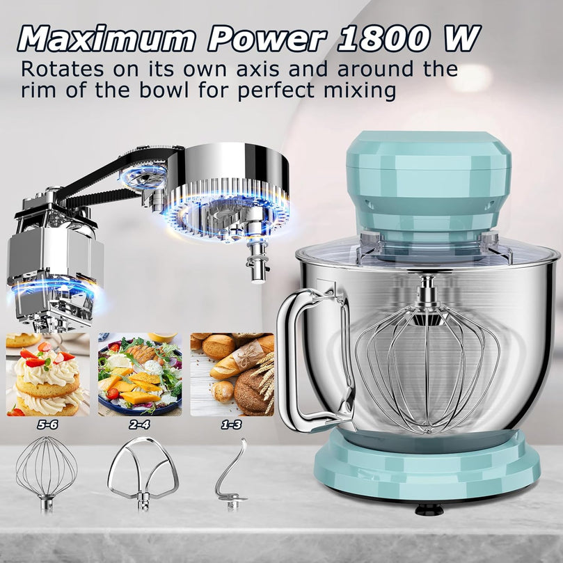 Robot Pâtissier CHeflee 1800W Robot Pétrin Professionnel Faible Bruit Robot de Cuisine Multifonction avec Fouet, Batteur, Crochet, Bol d'Acier Inoxydable, 6 Vitesses, 7.2 Litres