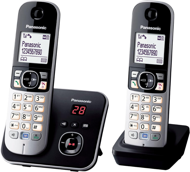 Panasonic KX-TG6822FRB DECT Téléphone Sans Fil Répondeur Numérique, Base et 2 Combinés, Haut-Parleur Mains Libres, Identification de l'Appelant, Blocage des Appels Indésirables, LCD, Noir