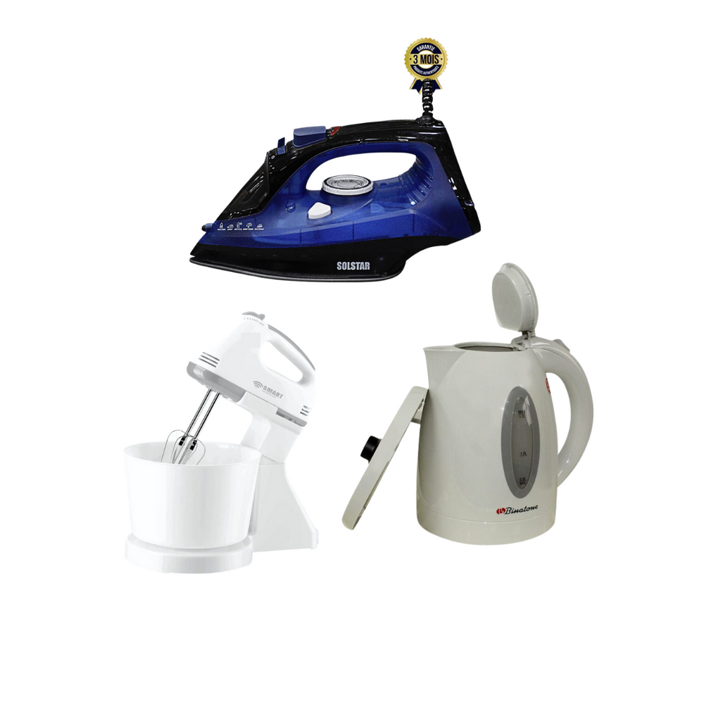 PACK Bouilloire Électrique BINATONE - CEJ 1730 / FER A REPASSER SOLSTAR / BATTEUSE ELECTRIQUE