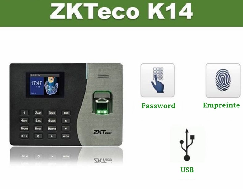 Pointeuse HORAIRE ZKTECO K14 Pour Employés Petite Entreprise, Pointeuse Biométrique À Empreinte Digitale, Pointeuse Horaire De Personnel Avec Logiciel Pour Ordinateur (0 Frais Mensuels)