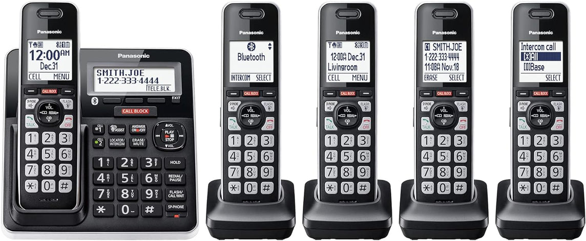 Téléphone sans fil Panasonic avec blocage d'appel avancé, Bluetooth Link2Cell, alerte d'arnaque à une sonnerie et enregistrement bidirectionnel avec répondeur, 5 combinés - KX-TGF975B (noir avec bordure argentée)