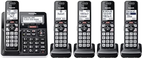 Téléphone sans fil Panasonic avec blocage d'appel avancé, Bluetooth Link2Cell, alerte d'arnaque à une sonnerie et enregistrement bidirectionnel avec répondeur, 5 combinés - KX-TGF975B (noir avec bordure argentée)