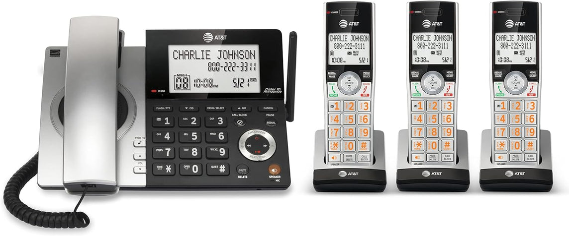 AT&T CL84307 Dect 6.0 Téléphone filaire/sans fil extensible avec bloqueur d'appels intelligent, Argent/Noir avec 3 combinés