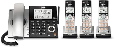 AT&T CL84307 Dect 6.0 Téléphone filaire/sans fil extensible avec bloqueur d'appels intelligent, Argent/Noir avec 3 combinés