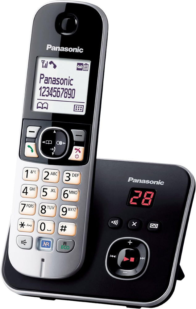 Panasonic KX-TG6821FRB DECT Téléphone Sans Fil avec Répondeur Numérique, Base et Combiné, Mains Libres, Identification de l'Appelant, Blocage des Appels Indésirables, Écran LCD, Noir