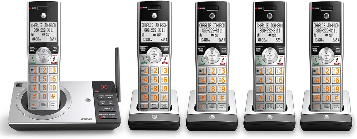 AT&T CL82507 DECT 6.0 Téléphone sans fil à 5 combinés pour la maison avec répondeur, blocage d'appel, annonceur d'identification de l'appelant, interphone et longue portée, Argent