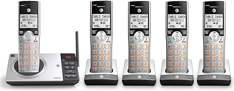 AT&T CL82507 DECT 6.0 Téléphone sans fil à 5 combinés pour la maison avec répondeur, blocage d'appel, annonceur d'identification de l'appelant, interphone et longue portée, Argent