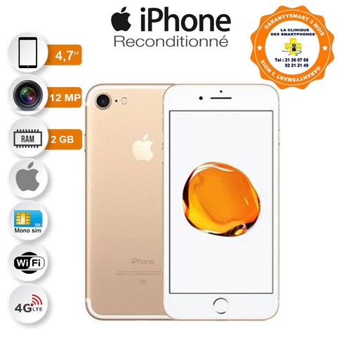 Apple iPhone 7 - 4.7 Pouces - 12 Mégapixels - ROM 32 Go - RAM 2 Go - Quad-core - 2.34 GHz  - Garantie 1 mois-Reconditionné